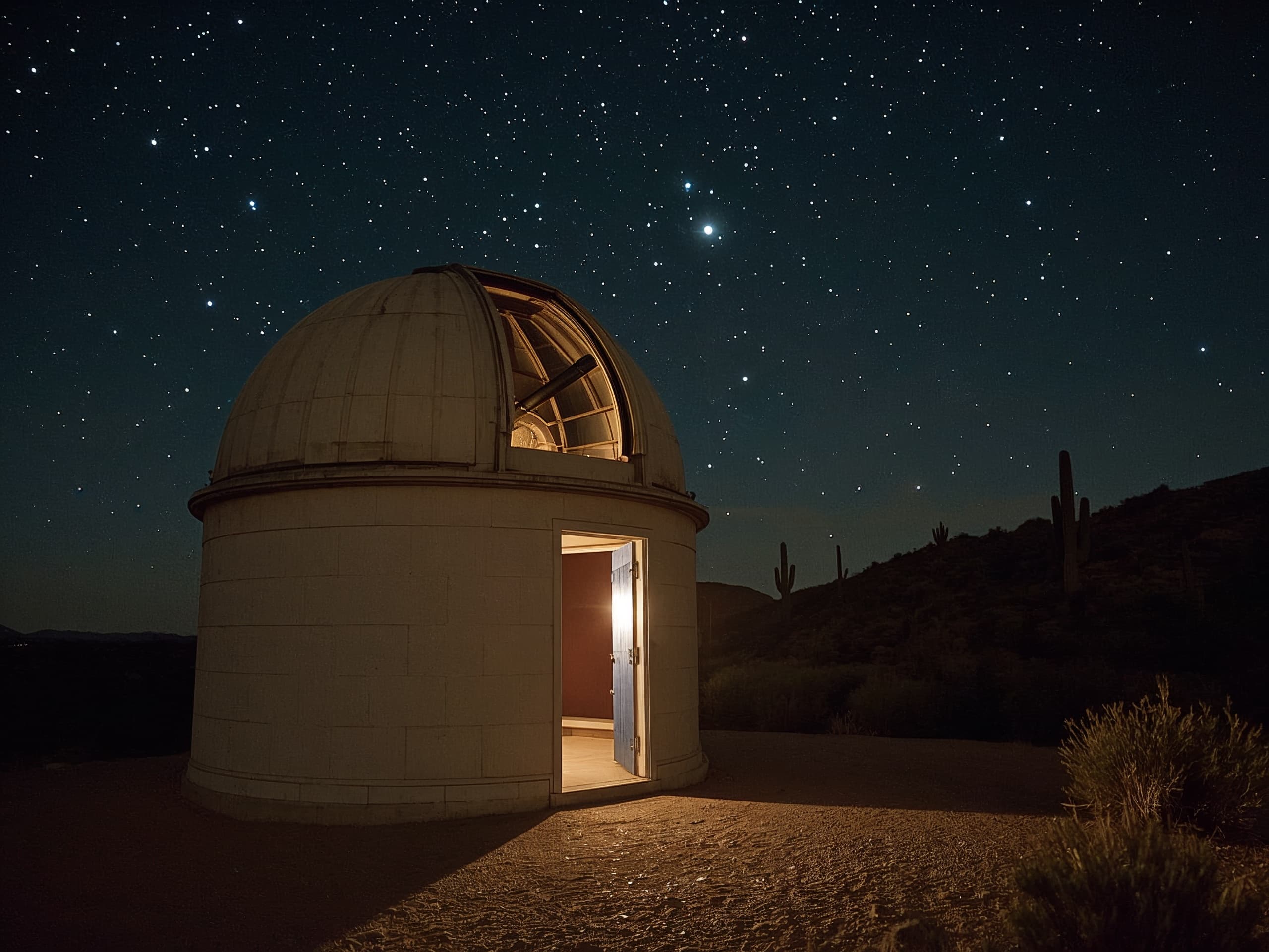 A small desert observatory at night under a sky dense with stars