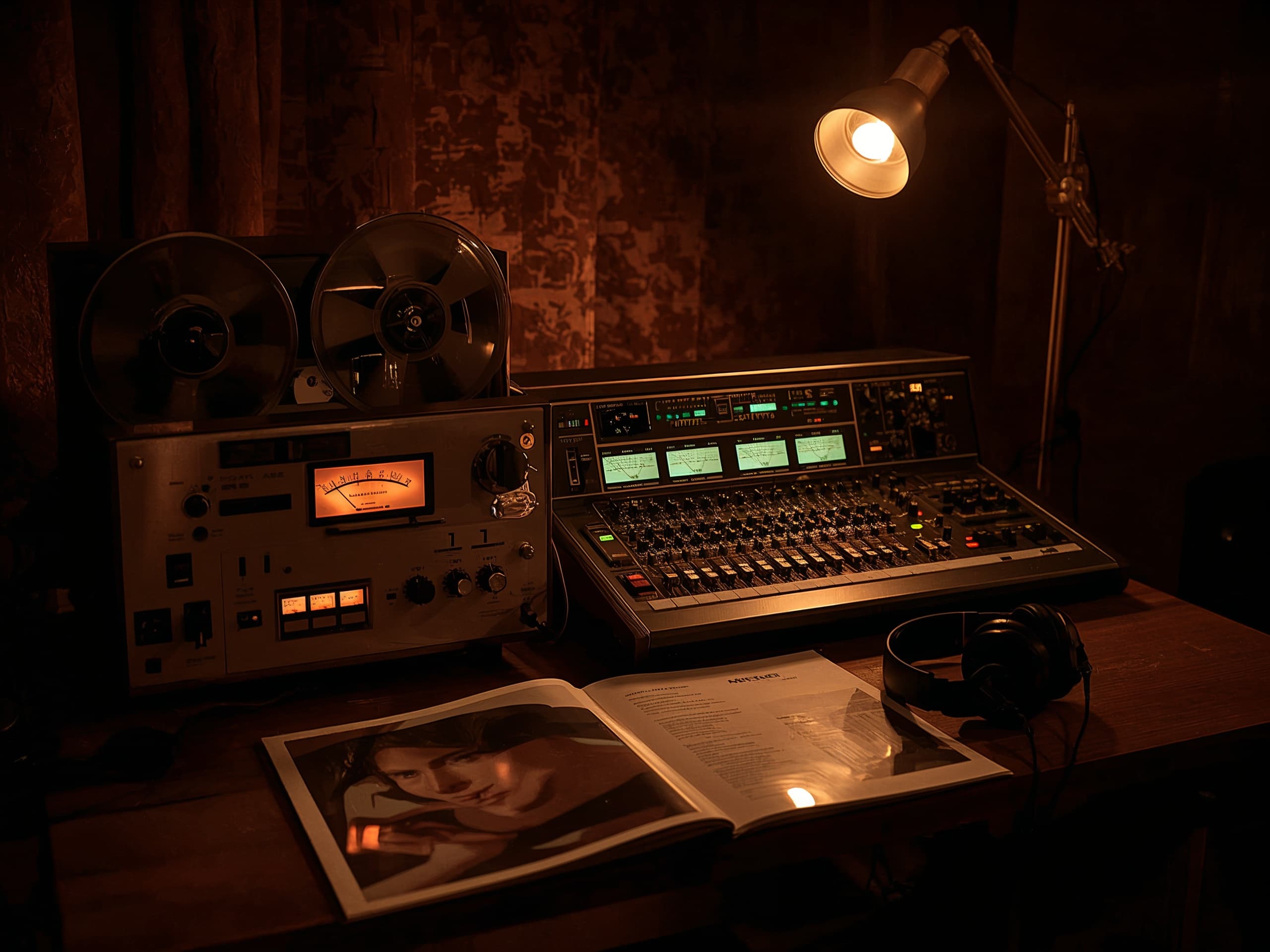 A reel-to-reel tape machine and analog console glowing in a dark studio