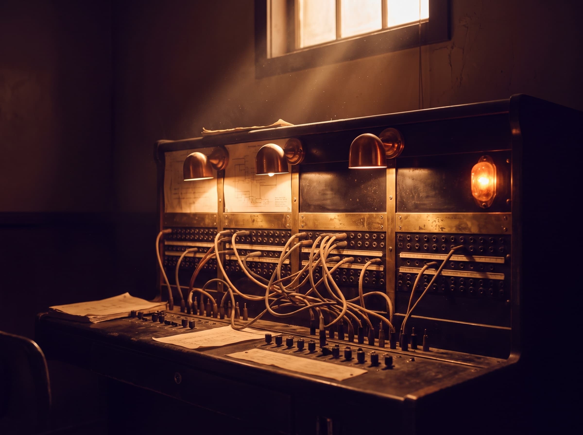 A vintage telephone switchboard glowing warm with patch cables crossing