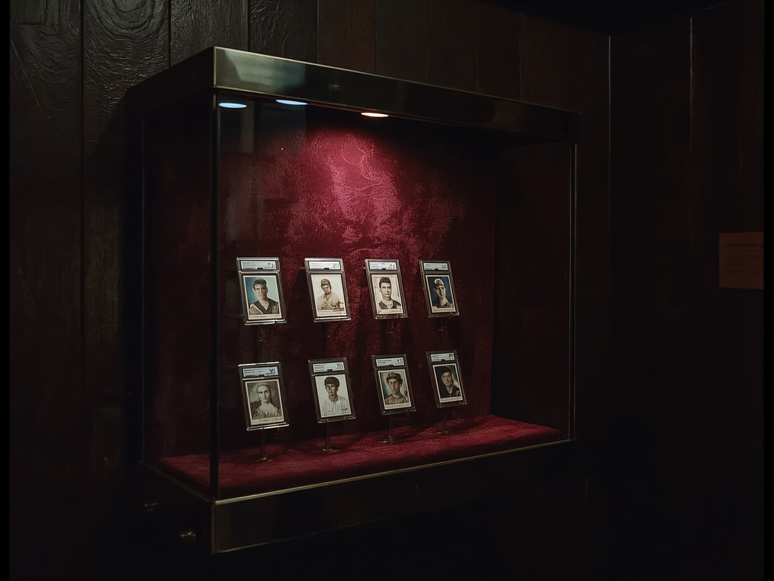 Graded trading cards in crystal slabs inside a dark museum vitrine