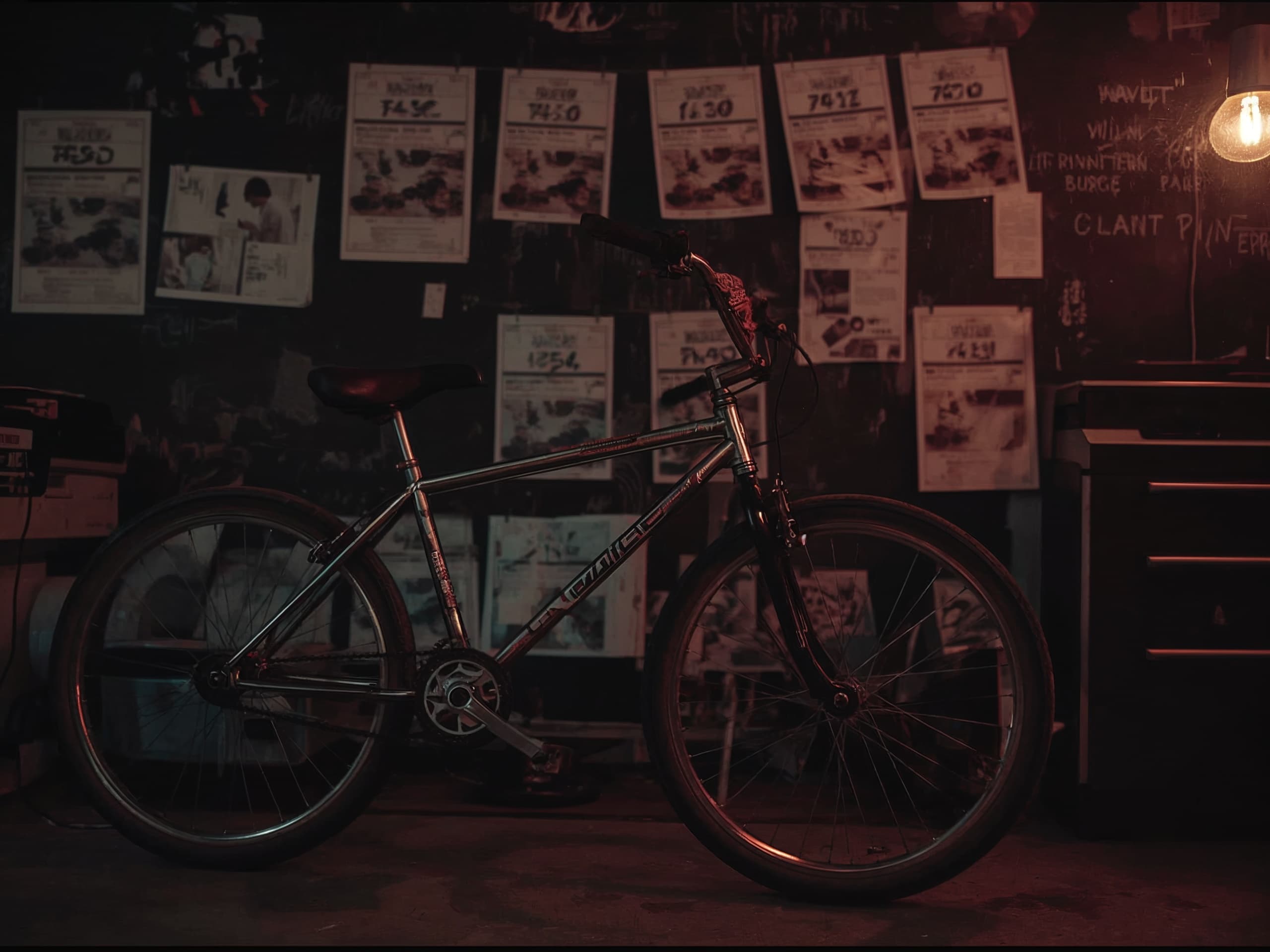 A BMX race bike leaning in a dark workshop covered in pinned race flyers